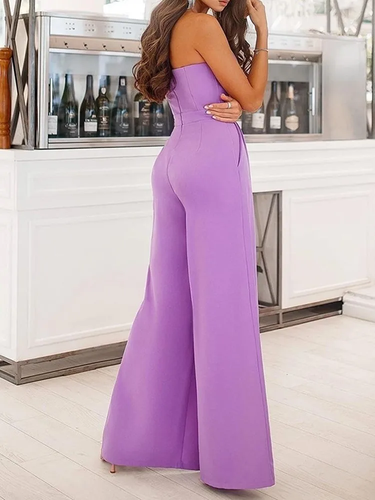 Fashion Solid Color Slim Tube Top Jumpsuits Women Sexy V-neck Backless Splicing Slit Flared Jumpsuit Temperament Ladies Clothing