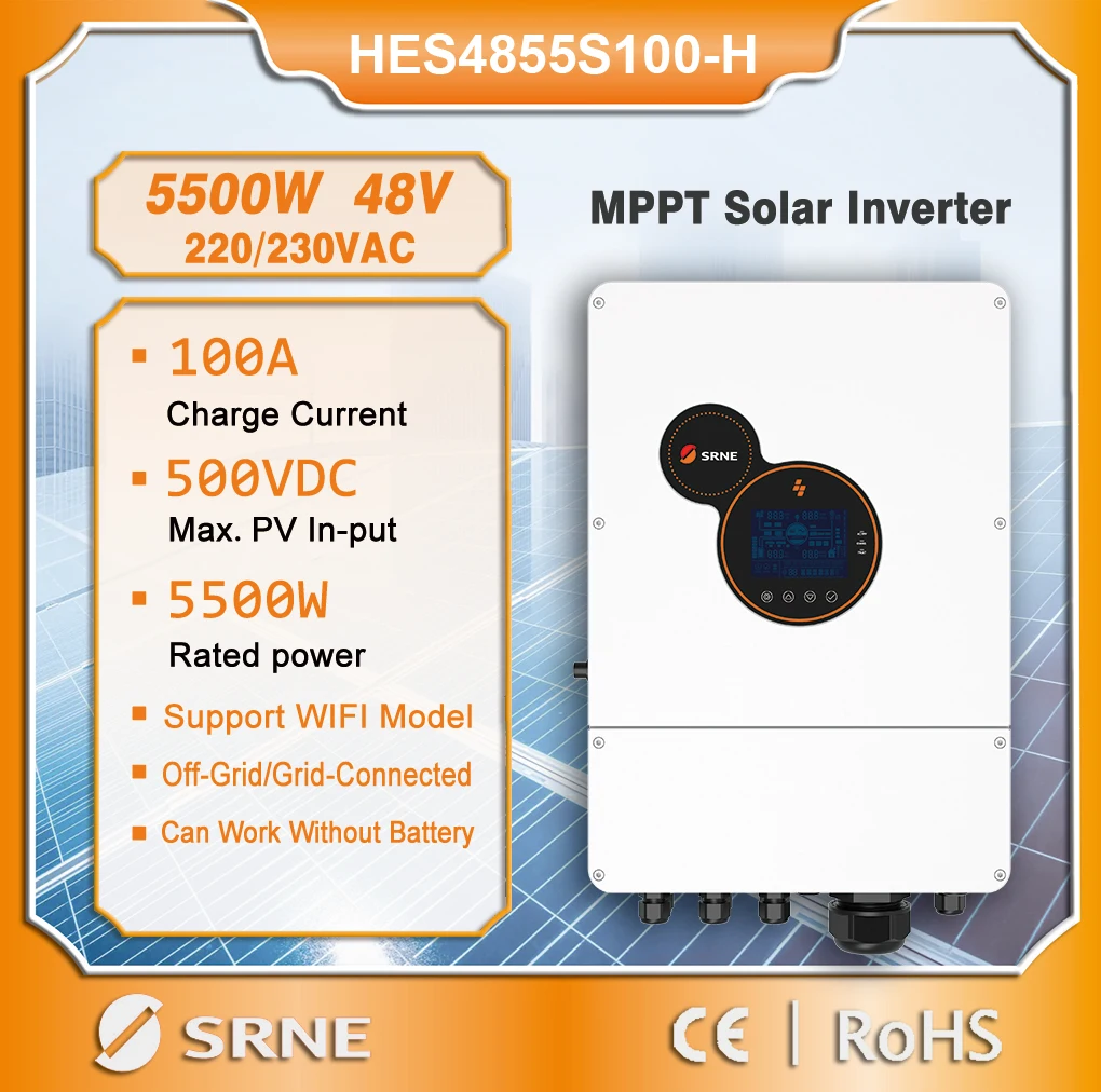 

SRNE 5500W 48V Off-Grid/Grid-Tied Solar Inverter Pure Sine Wave 230VAC PV Max Input 500VOC MPPT 100A Solar Controller With Wifi