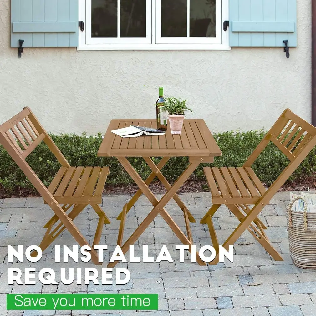 Outdoor Bistro Set with 2 Chairs and Square Table for Pool Beach Backyard Balcony Porch Deck Garden Wooden Furniture