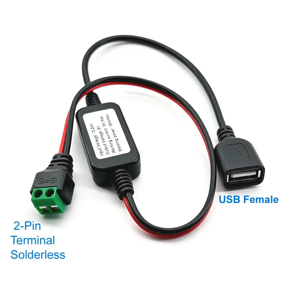 12V/24V에서 5V로 변환하는 DC-DC 벅 모듈 케이블 2핀 무납땜 터미널 USB-A/Type-C 스텝다운 충전 케이블