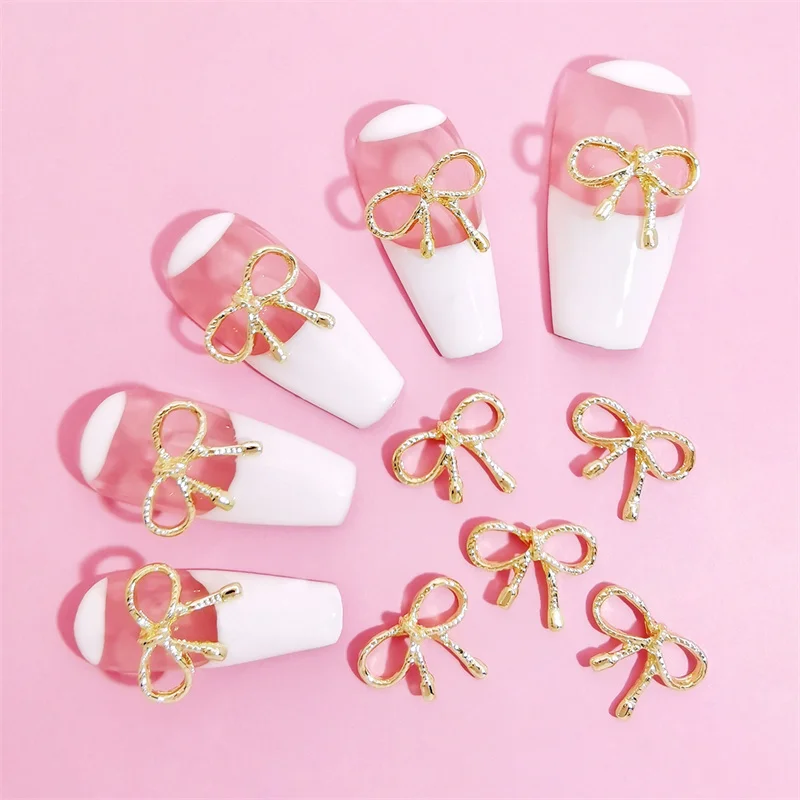 

10pcs/20pcs Gold Silver Bow Alloy Design Nail Art Charms 3D White Rhinestones Inlaid Nail Decorations DIY Kawai Nail Accessories