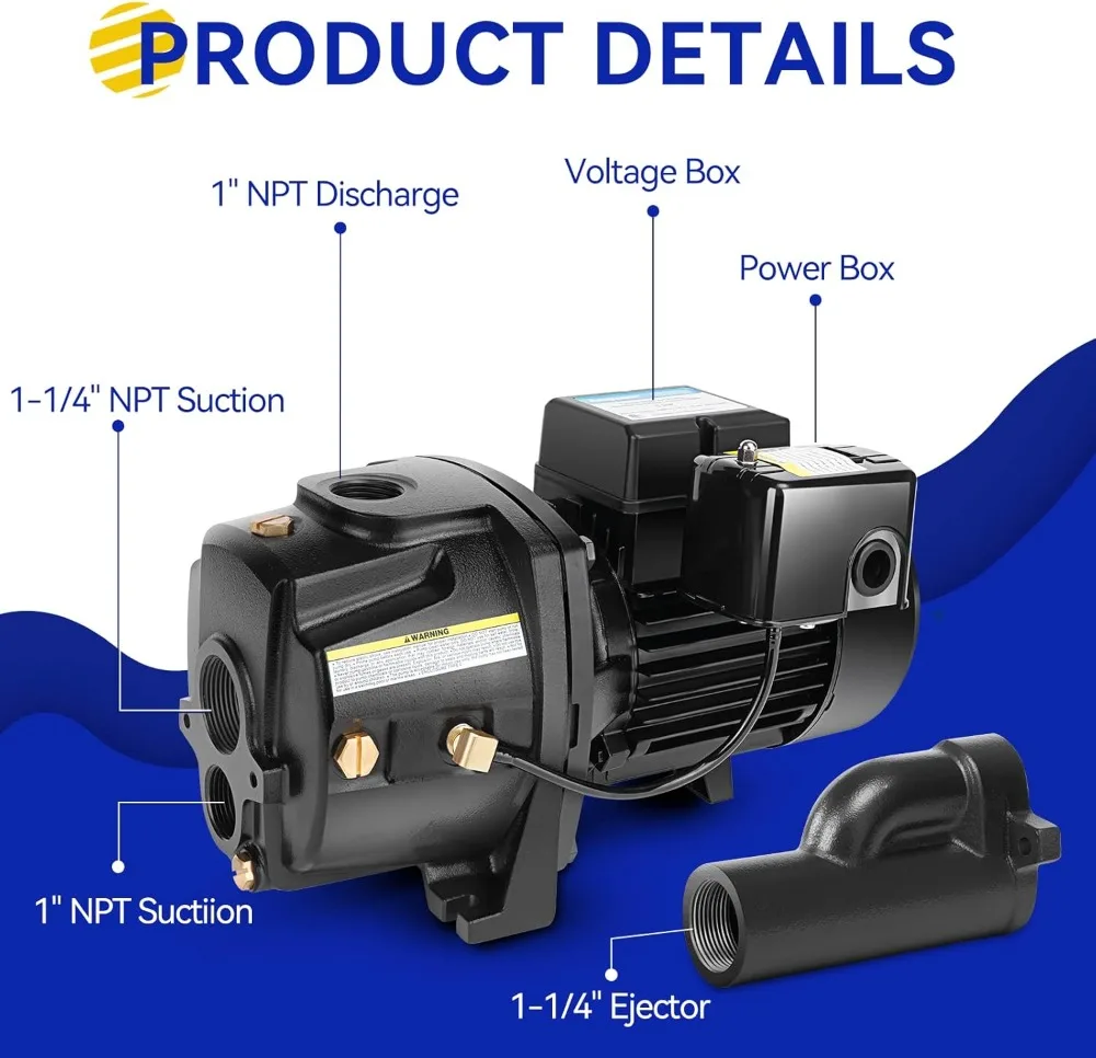 1HP Convertible Well Pump with Automatic Pressure Switch, Dual Voltage 115V/230V, Cast Iron Construction for Shallow/Deep Wells