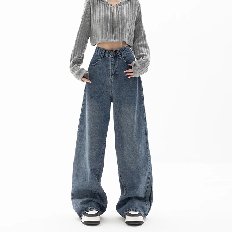 Autumn and Winter New Classic Blue Jeans Women's Straight Loose Wide-Leg Pants Retro Minority Hemming Embroidery