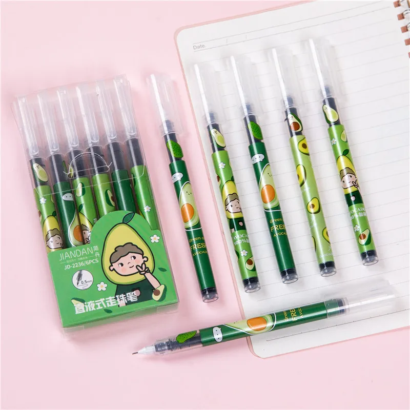 

6pcs Cute Avocado Dinosaur Gel Pen Quick Dry Black Straight Liquid Signature Kawaii Pen Student School Exam Writing Stationery