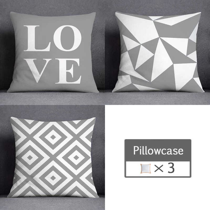 3pcs/lot 45X45CM Gray Lumbar Pillow Case Polyester Geometry Leaf Floral Stripes Plaids Print Sofa Throw Cushion Cover Home Decor 