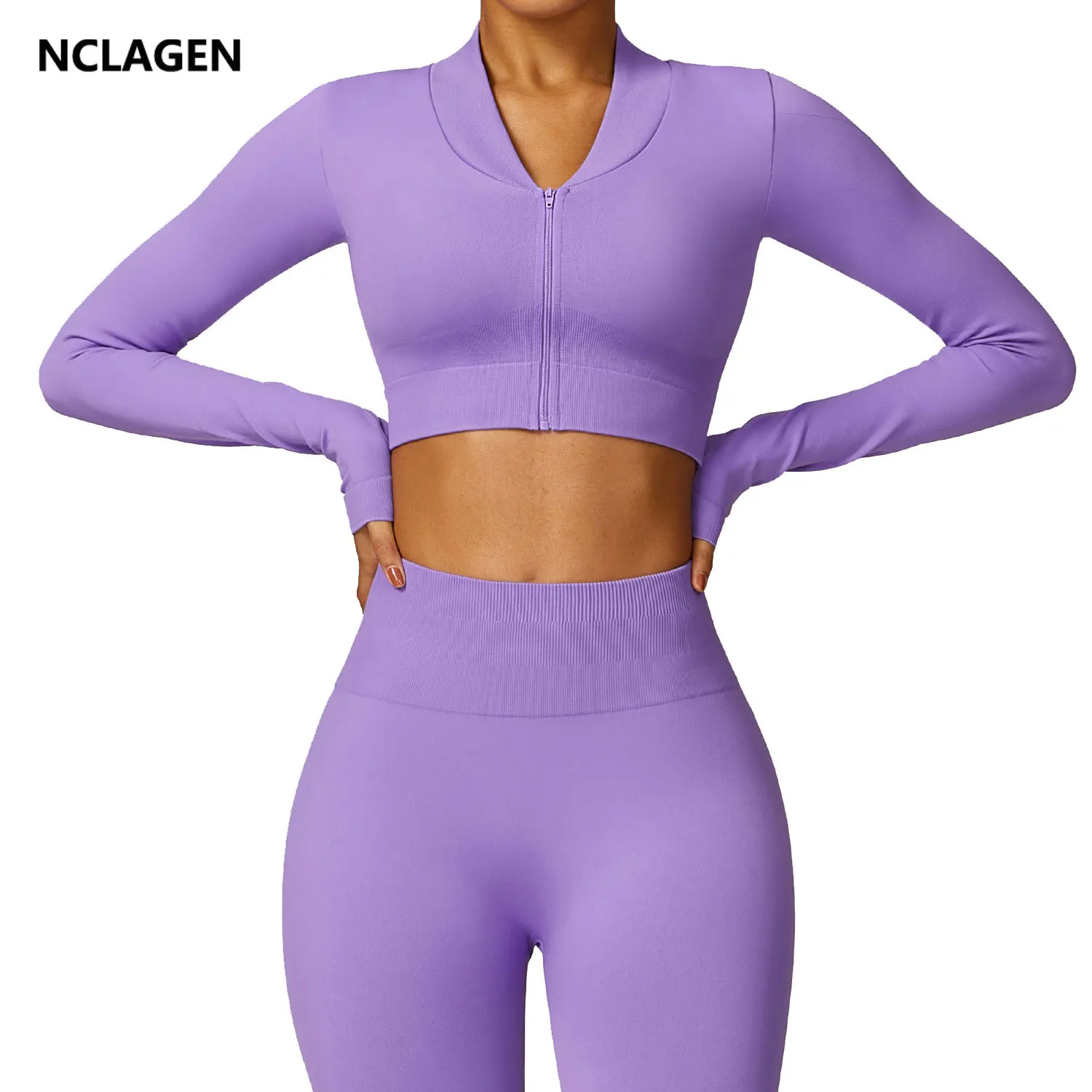 

NCLAGEN Seamless Long Sleeved Yoga Coat Women's Zipper Quick Drying Fitness Top Running Jacket V-neck Breathable Sports Cardigan