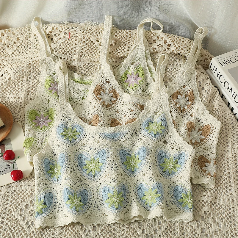 

Boring Honey Love Embroidery Wavy-Edge Crop Top Women Round Collar Hollow Out Summer Clothes For Women Retro Crochet Corset Tops