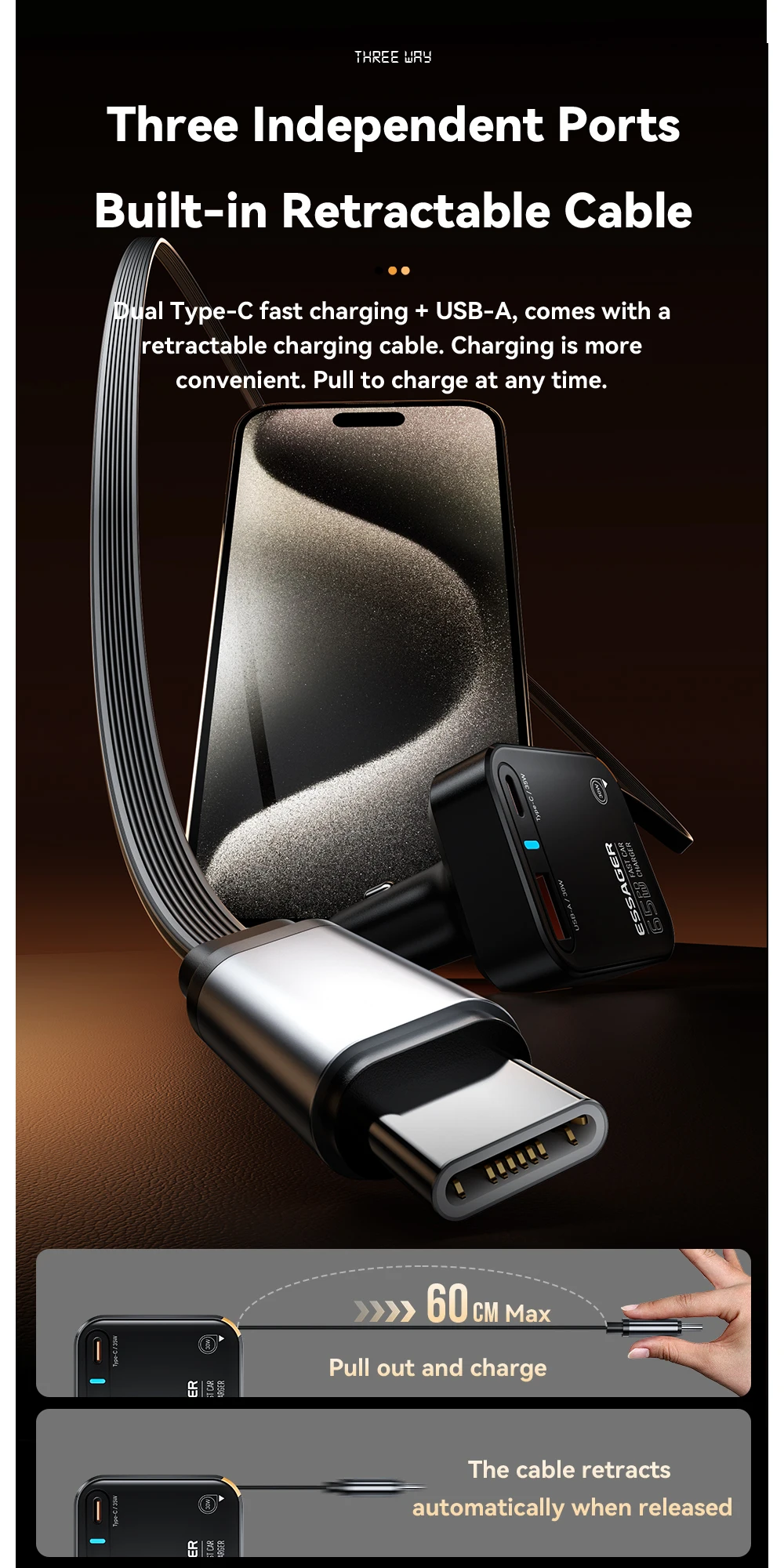 65W USB C Car Charger 3 Ports with Retractable Cable PD3.0 QC3.0 30W Fast Chargi