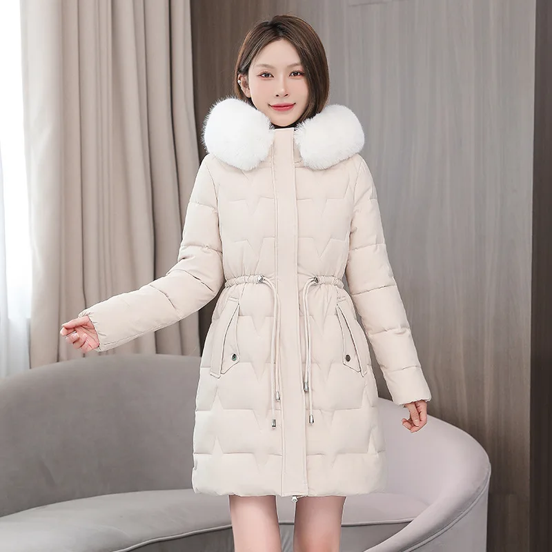 

New Winter Down Cotton Jacket For Women Hooded Long Cotton-Padded Jackets Thick Warm Parka Fur Collar Solid Cold Resistant Coats