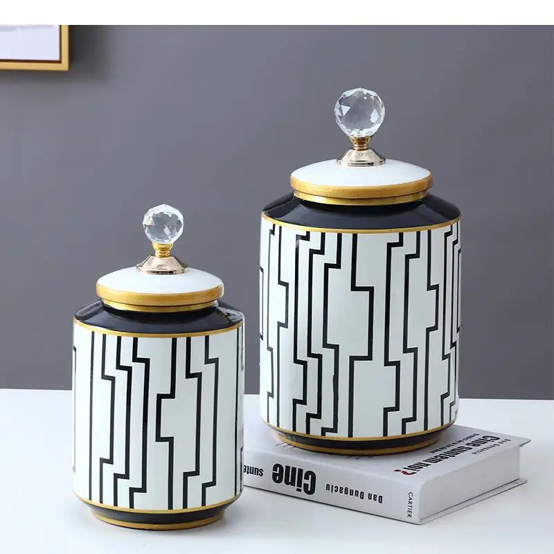

Crystal Cover Porcelain Jars with Lid Tea Canister Candy Pot Ceramic Storage Tank Desktop Decor Geometric Striped Storage Jars