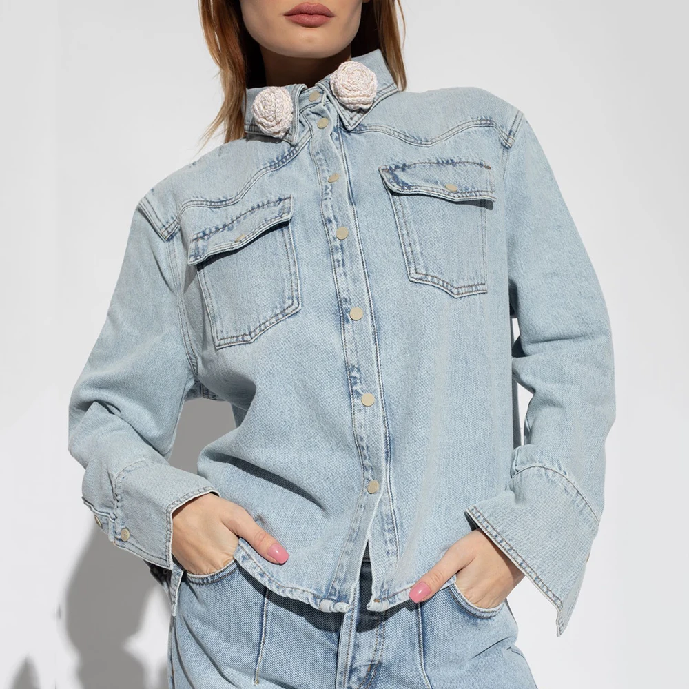 

2024 Spring / Summer New Women Jacket Y2k Collar Stereoscopic Flower Decoration Vintage Washed Casual Hundred Denim Jacket Tops