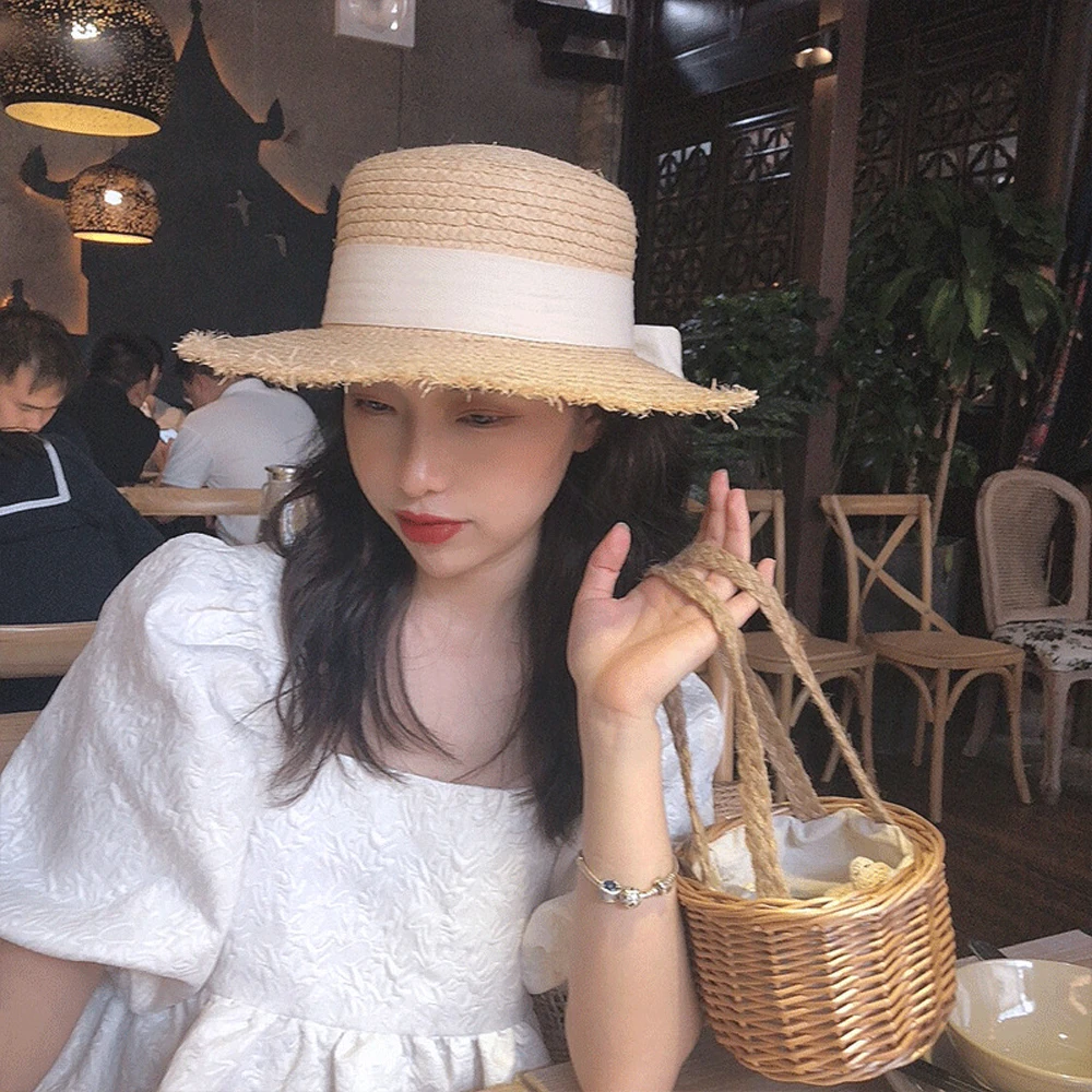 

New Flat-Top Straw Hat With Straps Raffia Bow Burrs Summer Outdoor Beach Vacation Big Eaves Sunshade Sunscreen And Uv Protection