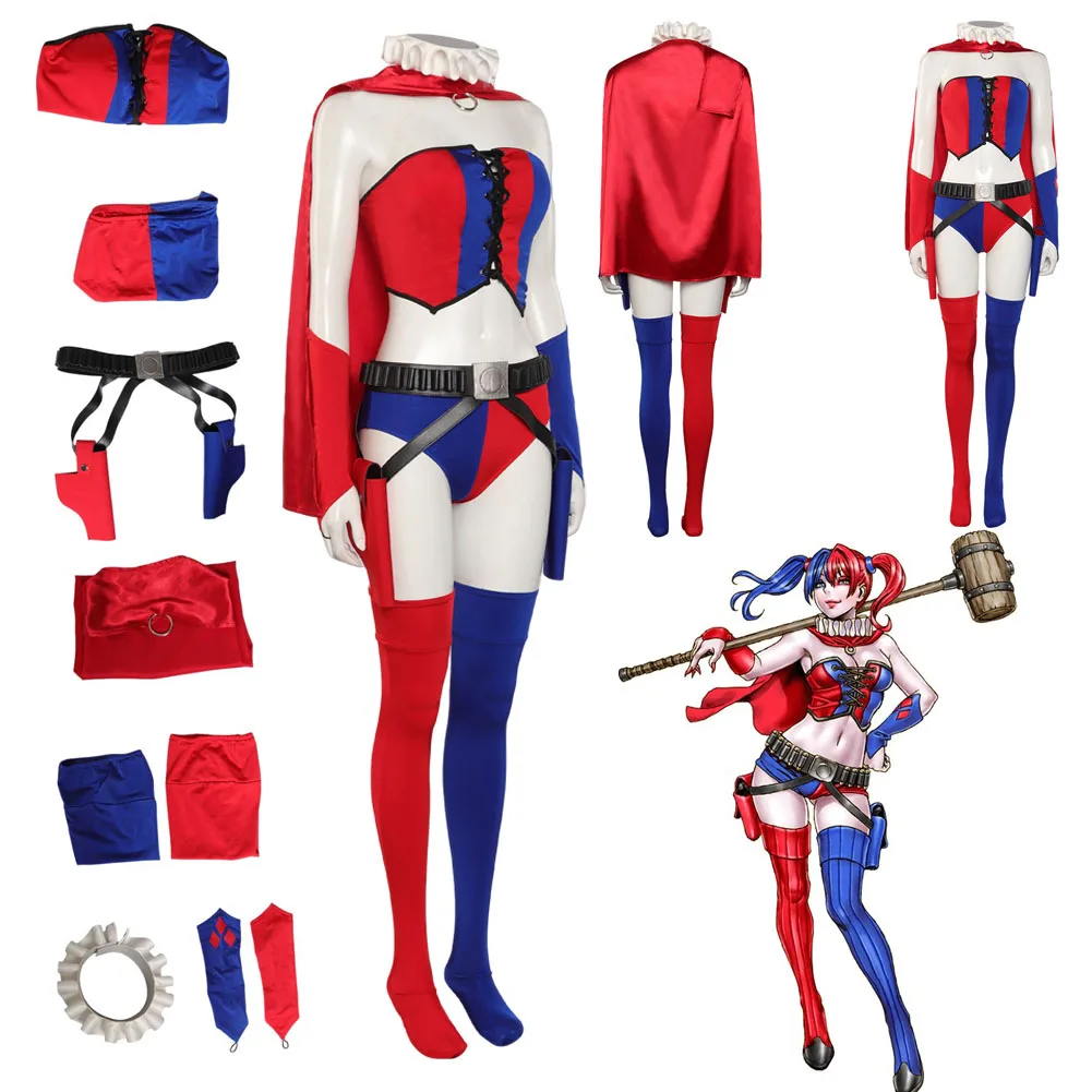 

Women Quinn Super Villain Quinzel Cosplay Costume Top Cape Pants Outfit For Girls Adult Halloween Carnival Party Disguise Suit