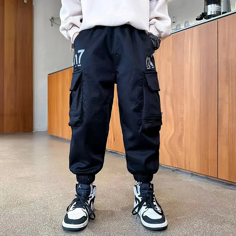 Boys Pocket Cargo Pants Winter Warm Fleece Longchildren's Warm Casual Trousers Christmas Gifts For Boys Loose-fitting Trousers