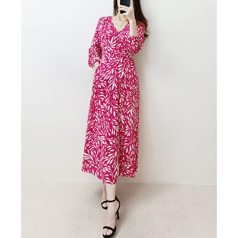 

Vintage Red Leaves Print Shirt Midi Dress UK 8-UK 18 Spring/Autumn New Collections