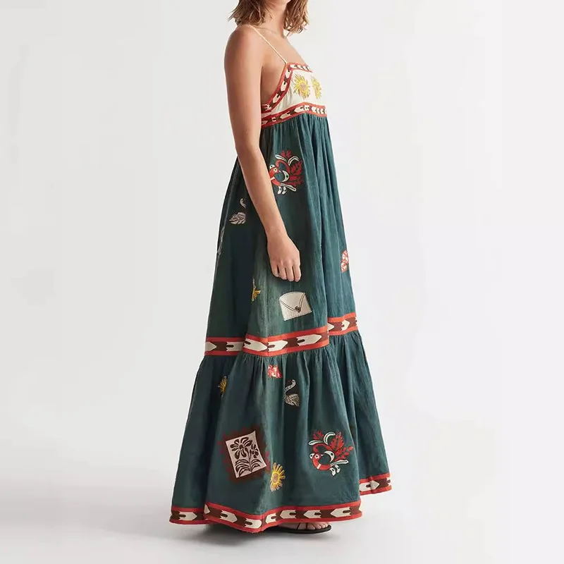 Suumer Women Long Printed Spaghetti Strap Dress Retro Sleeveless A-line Long Dress Elegant female holidays beach Party dresses