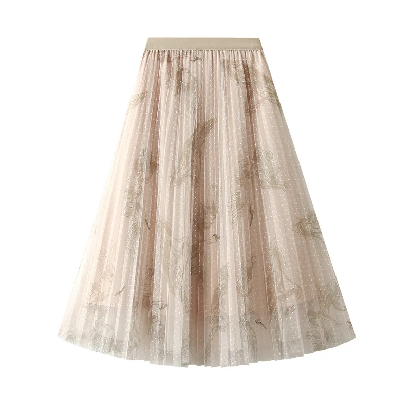 

Spring Summer Vintage Tulle Floral Print White Crane Wave Point Skirts Women Korean High Waist Mesh A line Ladies Midi Skirt