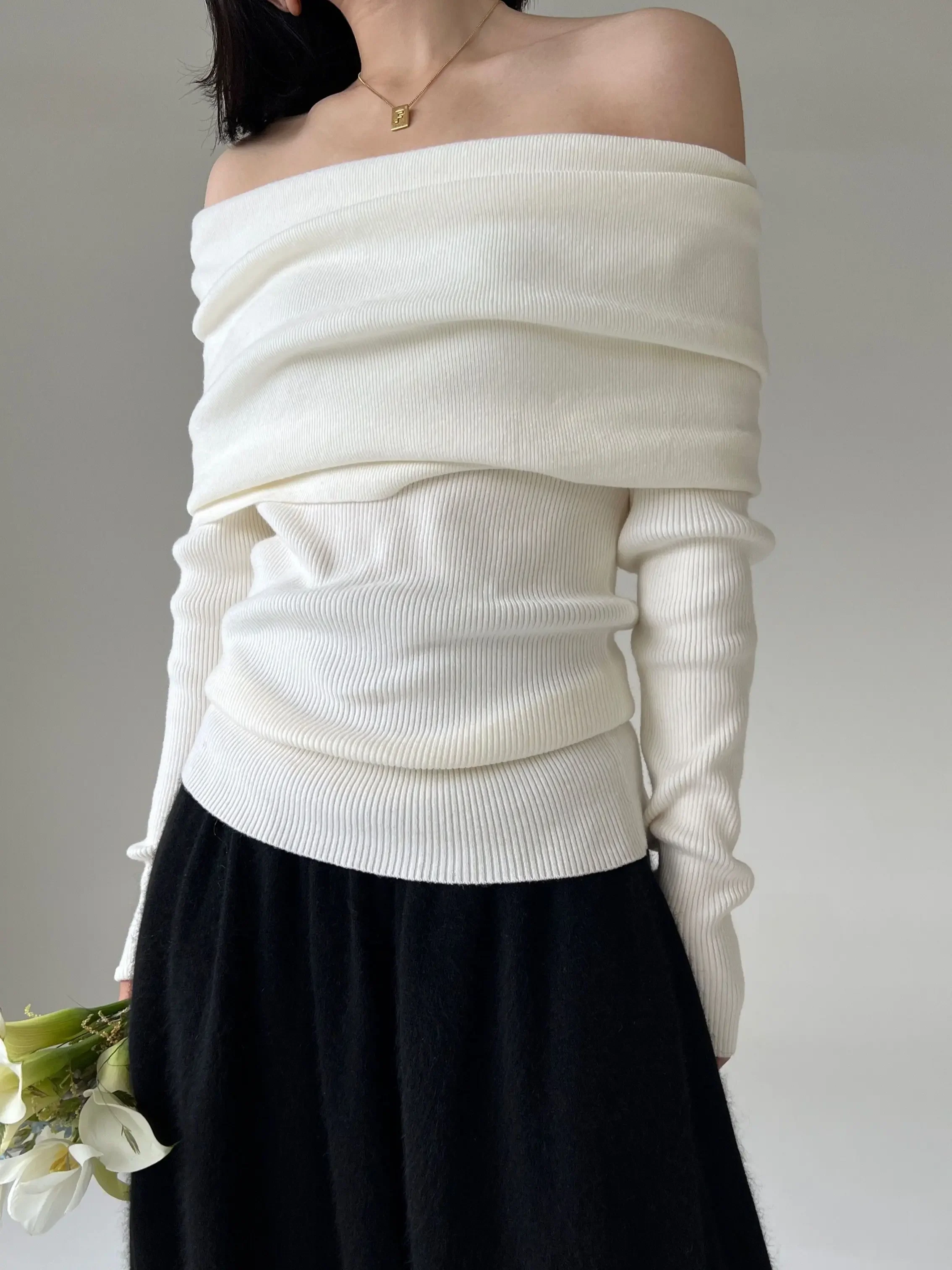Autumn Winter Off Shoulder Women Sweaters Elegant Vintage Knitted Solid Jumper High Stretch Top Soft Chic Pullovers 2025 3