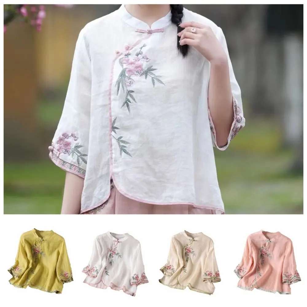 Fashion Chinese Style Short Sleeved Shirts Retro Loose Embroidered Floral Top Frog Button Stand Collar Cotton Linen Shirt Daily