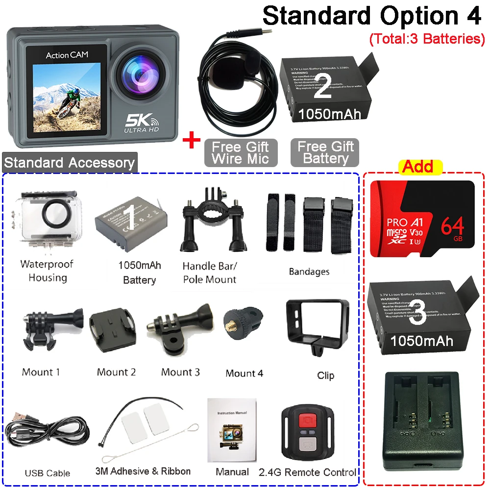 Cámara de Acción 5K 4K60FPS Doble IPS Touch LCD EIS 170 ° Cámara deportiva con zoom 5X resistente al agua 30M Micrófono inalámbrico opcional y control remoto