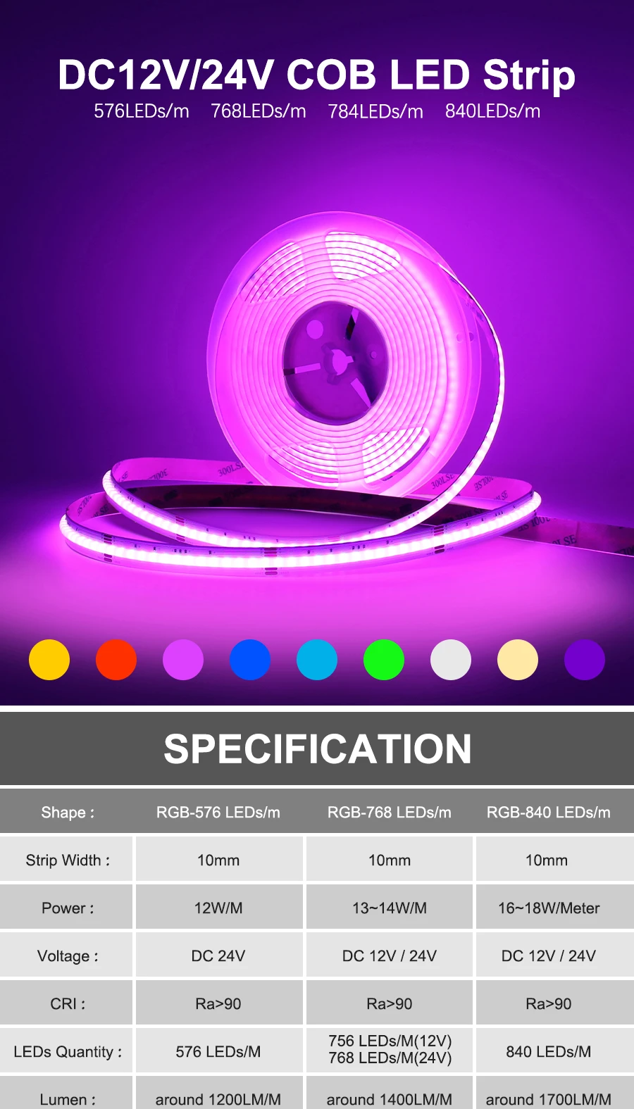 Description Picture 4 of item12V 24V RGB RGBW RGBCCT LED COB Strip Lights High Density Dimmable LED Tape Flexible Ribbon Light 4pin 5pin 6pin LED Ribbon Tape