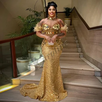 Caroline Glamorous Sequin Beads Evening Dresses for Women Pageant Sexy High Neck Feathers Illusion Customized Robe De Mariée 1