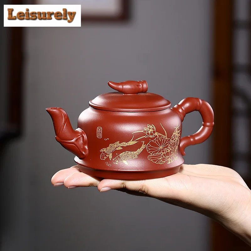 280ml Aesthetic Yixing Purple Clay Teapots Artists Handmade Gold Drawing Pot Raw Ore Dahongpao Mud Kettle Chinese Zisha Tea Set