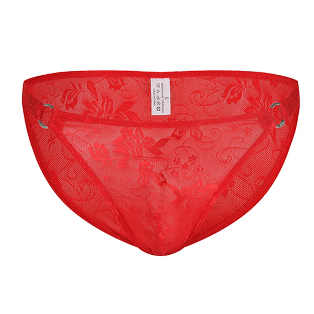 Men Sexy Lace Briefs Bikini Penis Pouch Tanga Hombre Low-Rise Ring Underwear Panties Breathable Underpants Gays Lingerie sexy men g string thongs ice silk underwear low rise bikini o ring holes t back pouch underpant wrestling sumo binding tangas