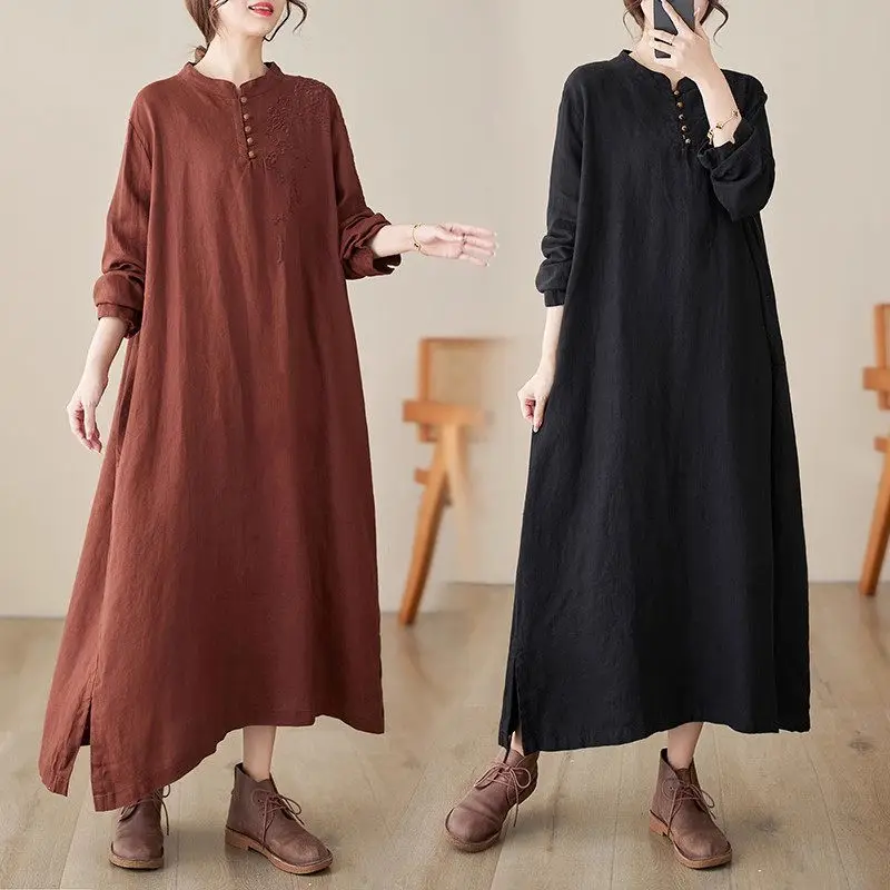 

Large Size Women's Linen Dress 2023 Autumn Embroidered Organ Pleated Long Sleeve Loose Fashion Retro Dress Casual Tunic Z3235
