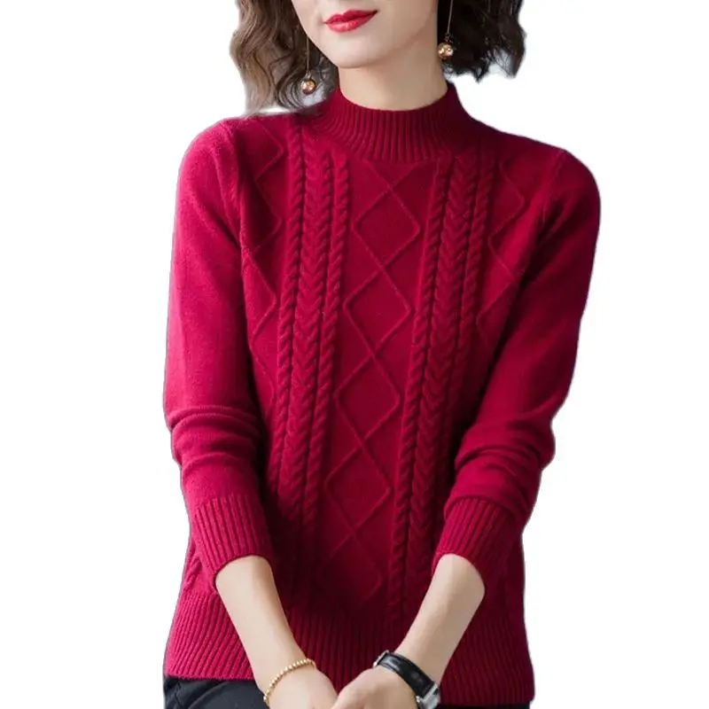 

NEW Women's Knitted Sweater Pullover Spring Autumn Half Turtleneck Twist Keep Warm Knitwear Elegant Bottoming Shirt