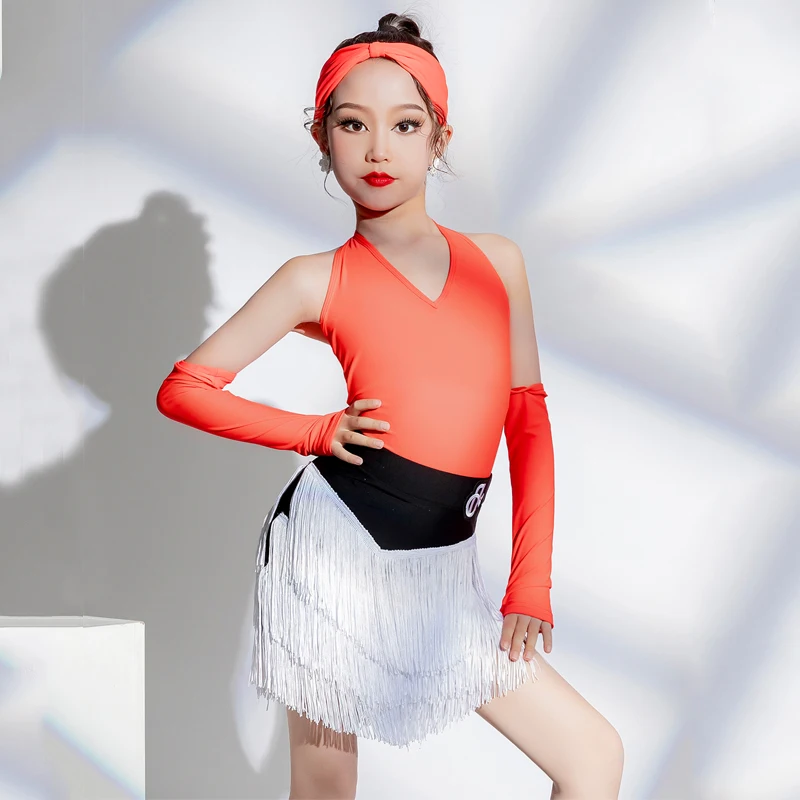 

Kids Latin Dance Costume For Girls Orange Latin Top Fringed Skirt Children'S Latin Dance Competition Clothing Stage Wear SL8625