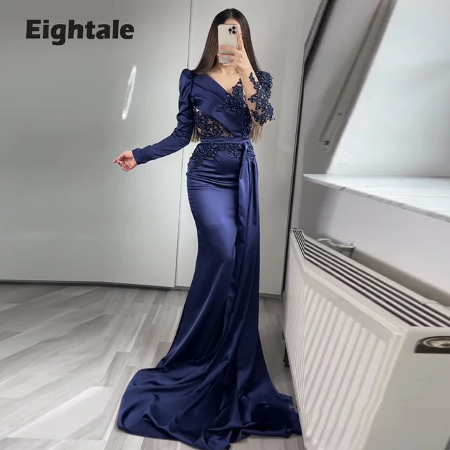 Eightale Blue Evening Dress for Wedding Party Satin Beaded Pearls Long Sleeves Pleats Elegant Mermaid Prom Gowns Celebrity Dress 1