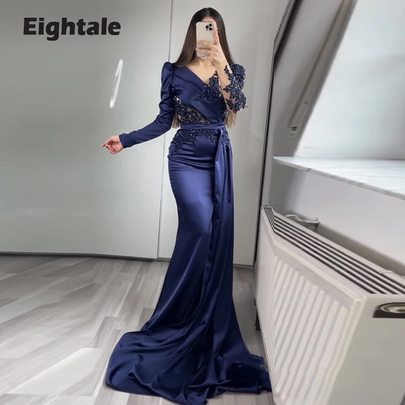 Eighttale-vestido de noche azul marino para fiesta de boda, satén, con  cuentas, manga larga, plisado, elegante, sirena, vestidos de graduación,  celebridad - AliExpress