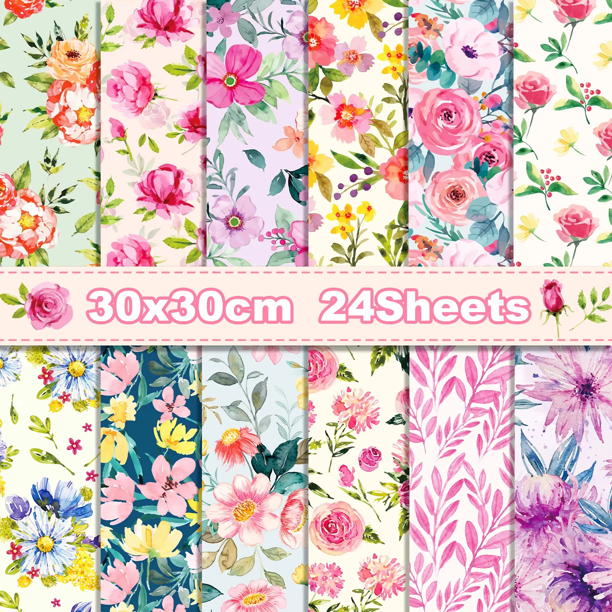 24 Stück Blumen-Blumen-Scrapbook-Papier, Party-Geschenke, dekorative Verpackung, Bastelpapier, 30 x 30 cm