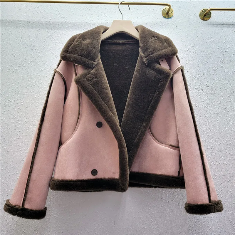 

Autumn Winter Women Warm Faux Lambswool Liner Suede Leather Fur Jacket Lapel Double-breasted Casual Biker Jacket Streetwear Pink