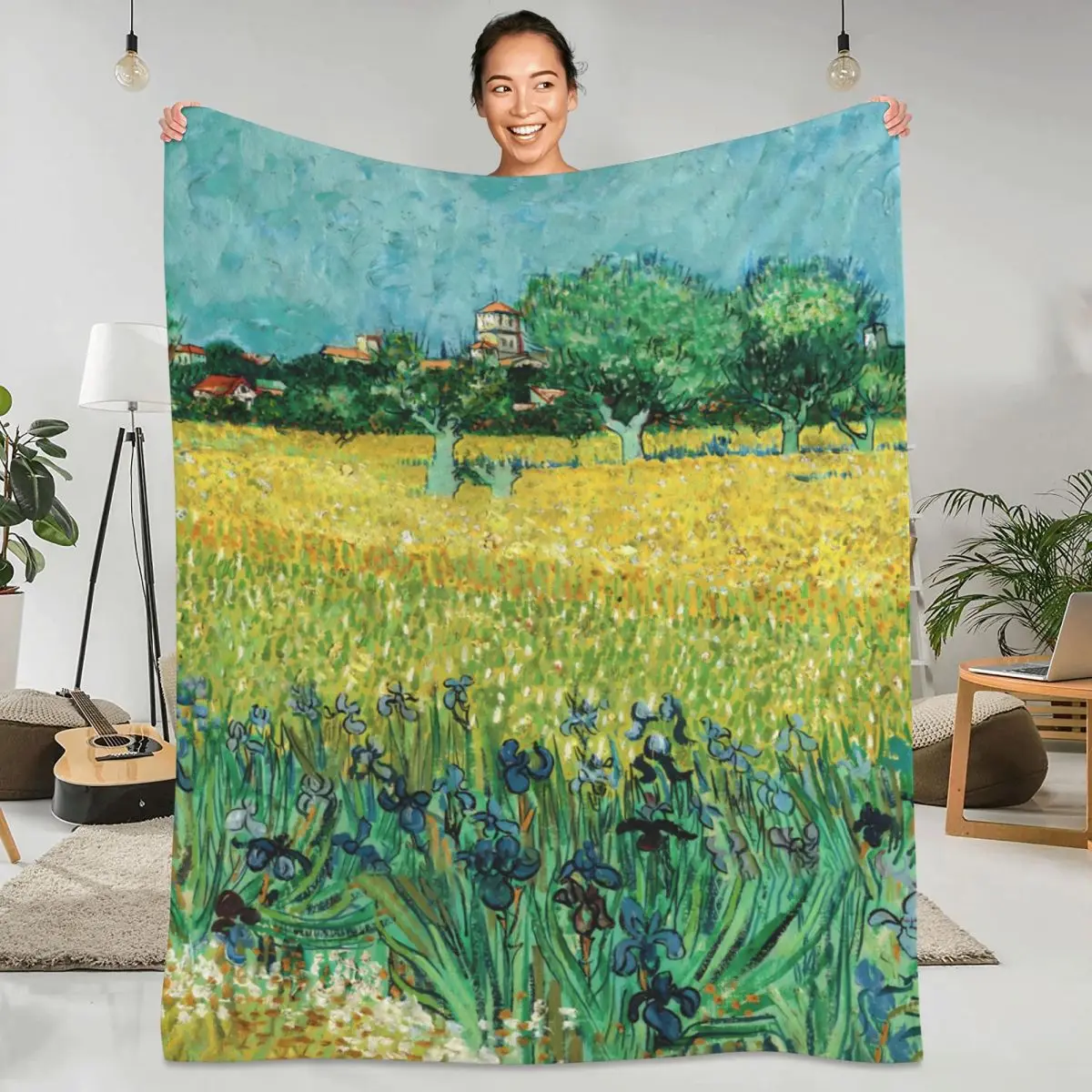 

Vincent Van Gogh Blanket Field with Irises Camping Flannel Throw Blanket Super Warm Couch Chair Custom Bedspread Gift