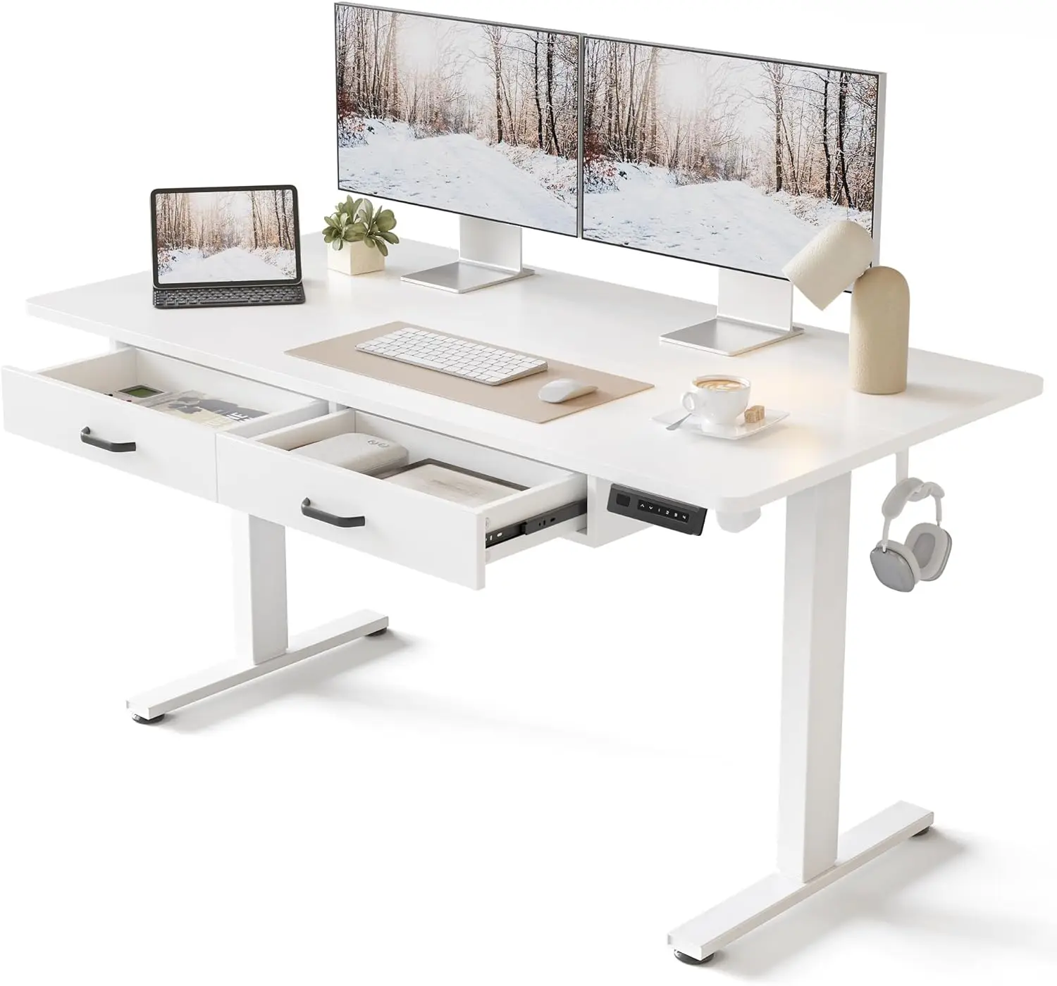 

Adjustable Height Electric Standing Desk with Double Drawer, 55 x 24 Inches Stand Up Home Office Desk with Splice Tabletop