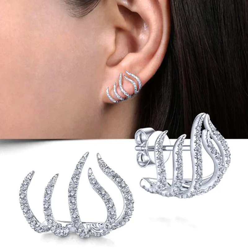 Korean Earing Claw Ear stud Earrings for Women Silver Color Claws FourProng Setting CZ Gold
