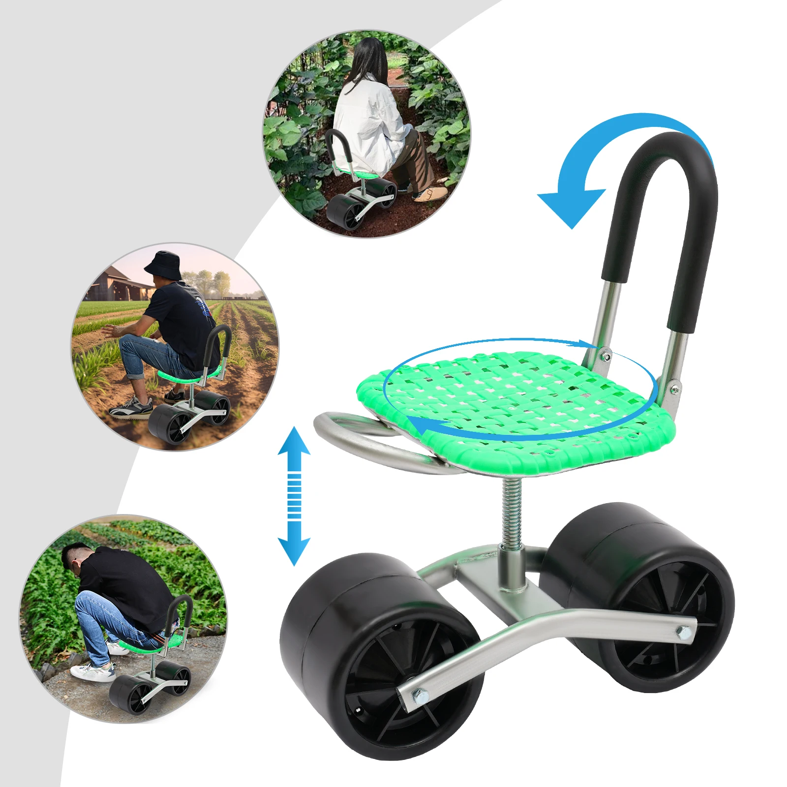 Foldable garden kneeler Garden rolling stool workseat with 2 wheels stable sturdy cart adjustable seat height and direction for gardening floor standing