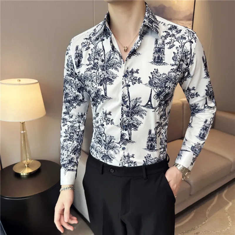 

2023 Ink painting Print Long Sleeve Shirts for men New Fashion Hawaiian Slim Fit Casual retro patterned shirt Men Chemise Homme