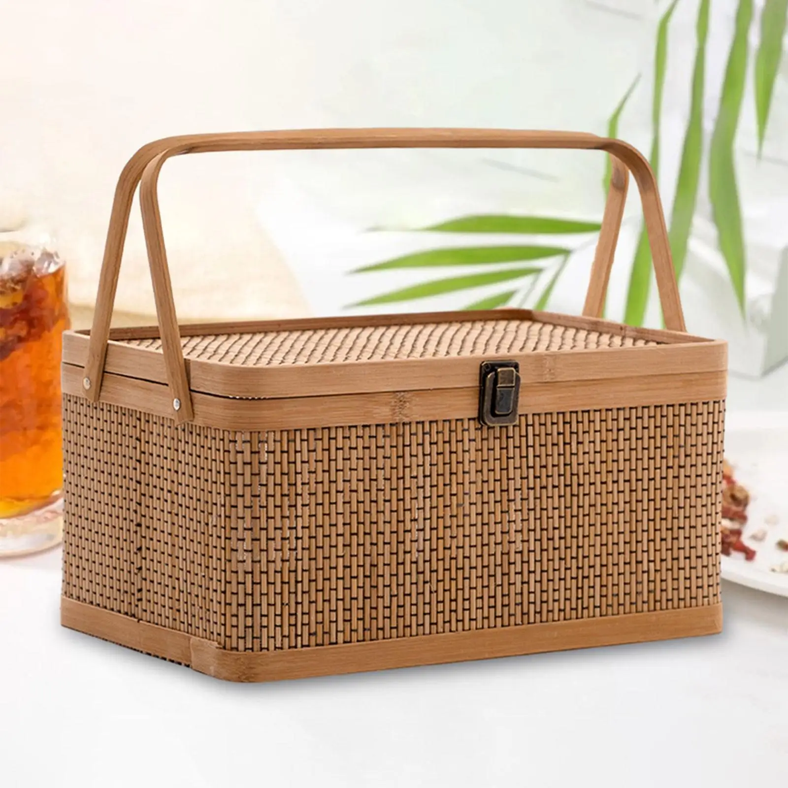 Handcrafted Bamboo Basket with Handle and Lid Durable Snack Fruit Storage for Picnic Camping and Home Use