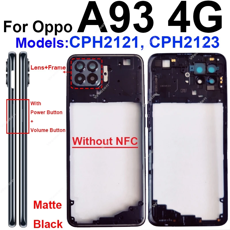 OPPO A93 A93s 4G 5G 미들 프레임 커버 베젤, NFC 사이드 단추 카메라 렌즈 프레임 부품