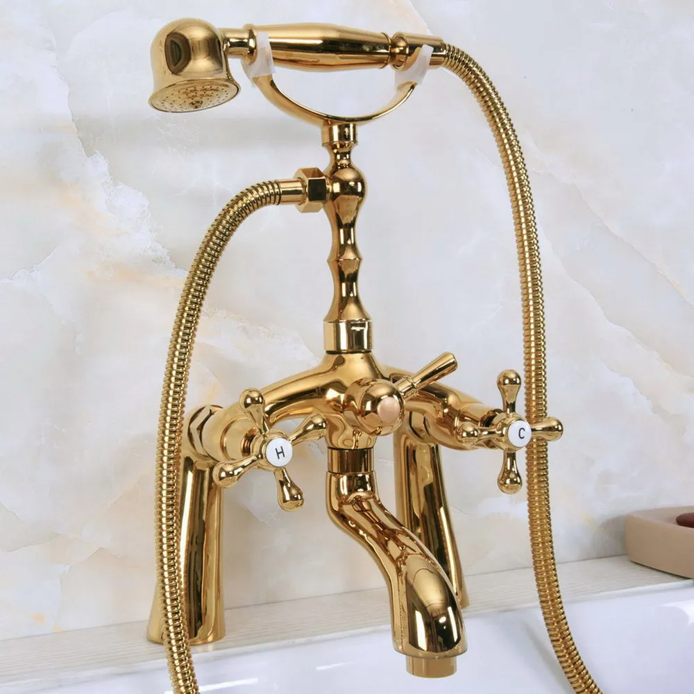 

Полированный Золотой смеситель для ванны, телефонный стиль, кран для ванной с двойными перекрестными ручками, смеситель для душа Nna144