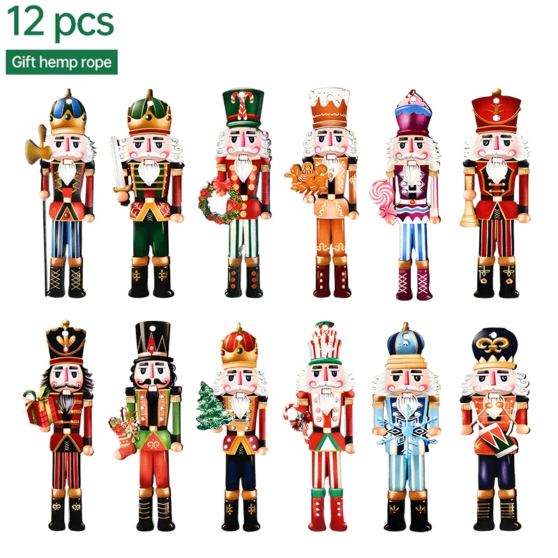 12Pcs Christmas Nutcracker Soldier Wooden Pendant Xmas Tree Hanging Ornament 2024 Navidad Decoration for Home 2025 New Year Gift