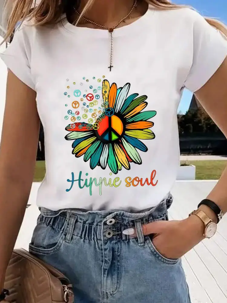 

Peace 90s Flower Trend Fashion Print Women O-neck Clothes Graphic T-shirt Short Sleeve Clothing Lady Top Female Shirt Tee