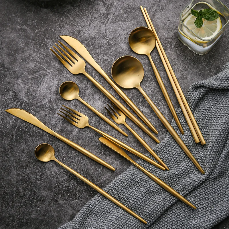 Matte Gold 18/10 Stainless Steel Luxury Cutlery Dinnerware Tableware Knife Spoon Fork Chopsticks Flatware Set Dishwasher Safe | Дом и сад