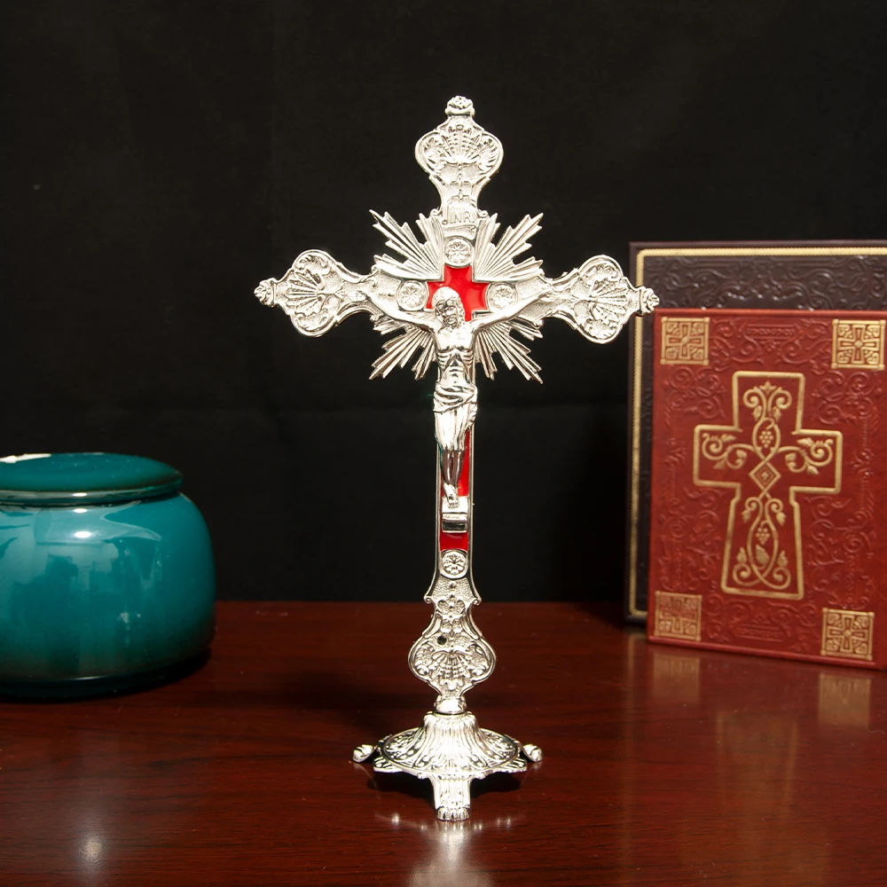 HTISOK Katholisches Jesus-Kreuz, katholisches stehendes Kreuz, katholisches Tischdekoration aus Zinklegierung, Geschenk für Freunde – Detail 9