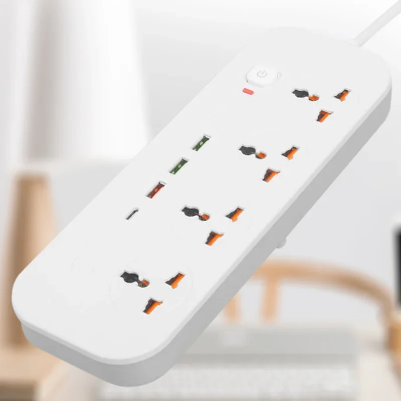 Power Strip Surge Protector Socket 2m Extension Cord 3 USB 1 Type-C Ports 3/4 Jacks Universal Outlet For Home