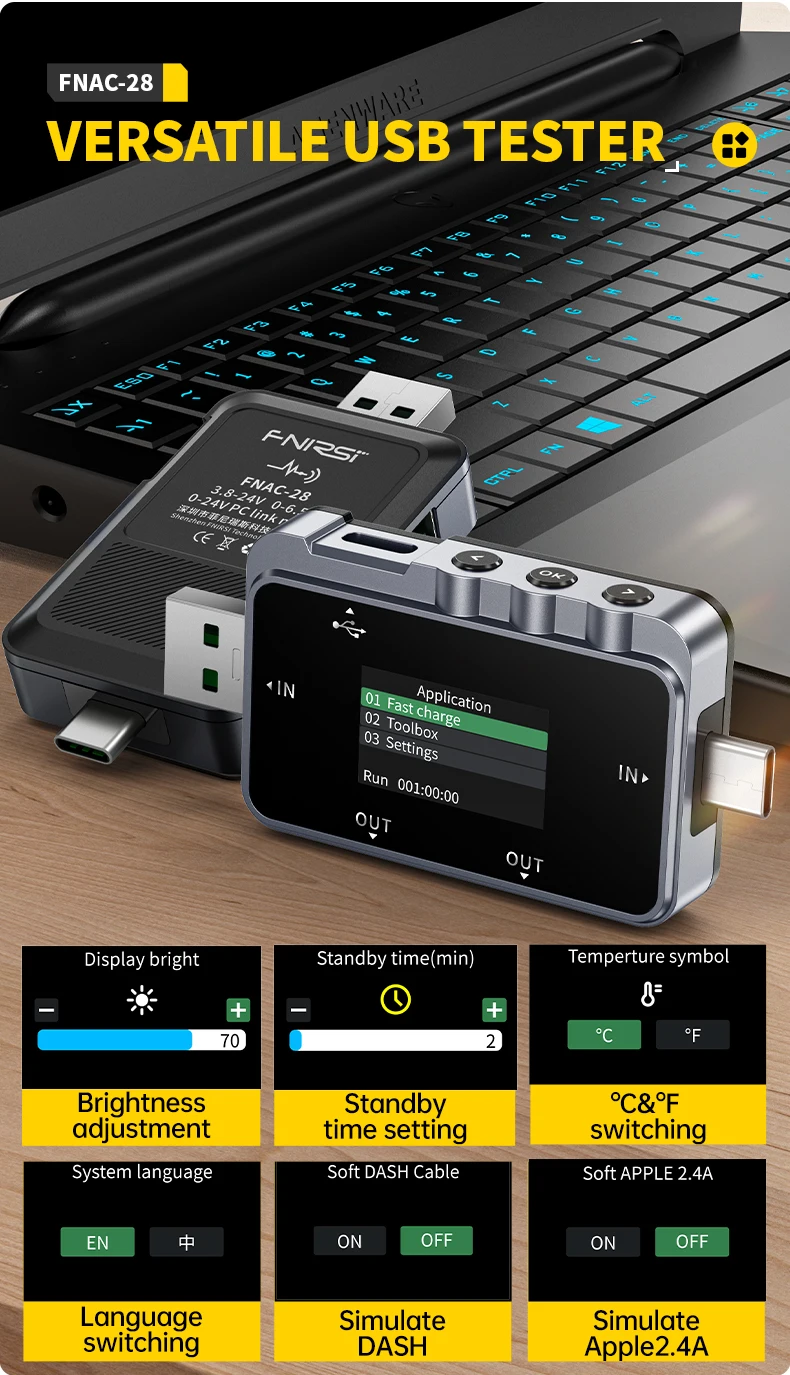 FNAC-28 тестер USB Type-C 2 в 1, цифровой амперметр и вольтметр 6.5А