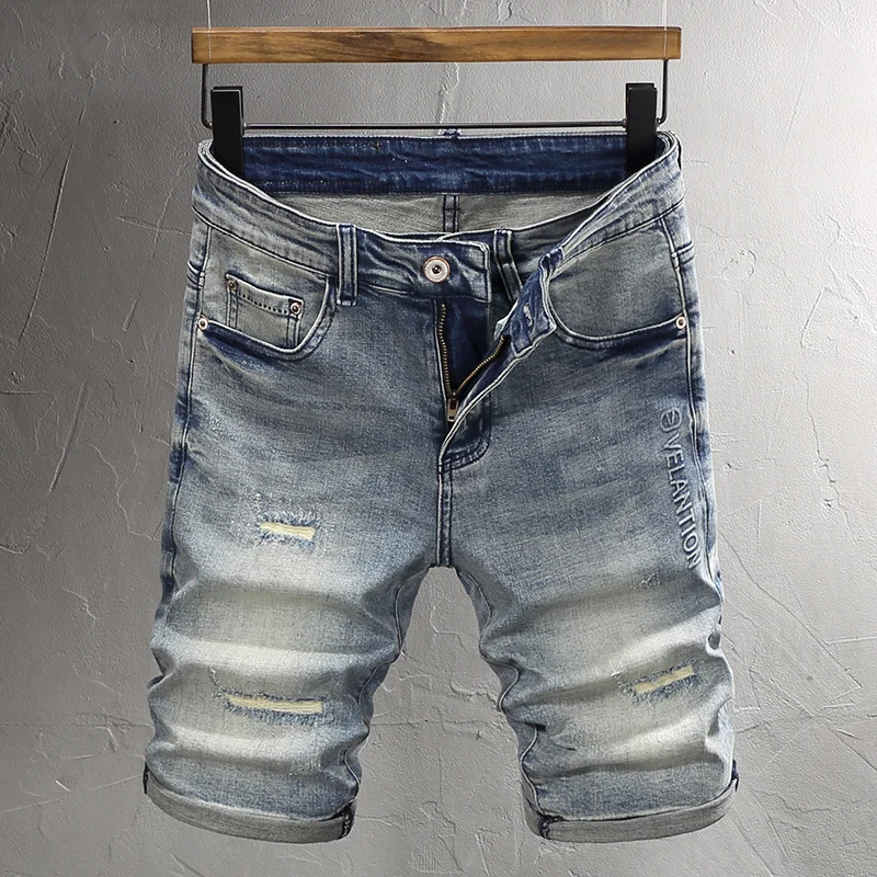 Summer Newly Fashion Men Jeans Retro Washed Blue Elastic Hole Ripped Short Jeans Embossed Designer Vintage Denim Shorts Hombre